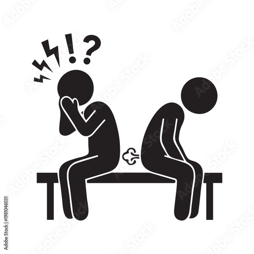 Stick figure icon of a person farting on a bench while another man reacts with disgust to the bad smell
