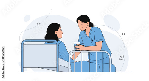Nurse caring for patient in hospital bed, offering drink, medical assistance concept