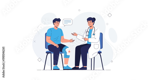 Doctor consulting patient with knee brace, discussing treatment and recovery