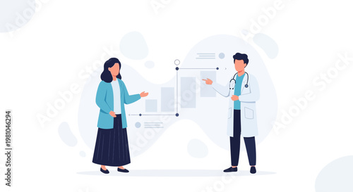 Doctor explaining medical data to patient, healthcare consultation, modern clinic illustration