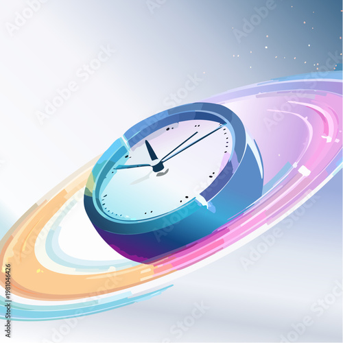 Dynamic concept of time passing, visualized with a modern clock and vibrant abstract fluid streaks, representing motion and deadlines
