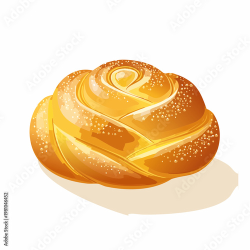 Artistic vector illustration of a golden sweet braided bun, generously sprinkled with sugar, representing a comforting bakery delight