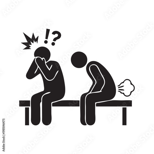 Stick figure icon of a person farting on a bench while another man reacts with disgust to the bad smell
