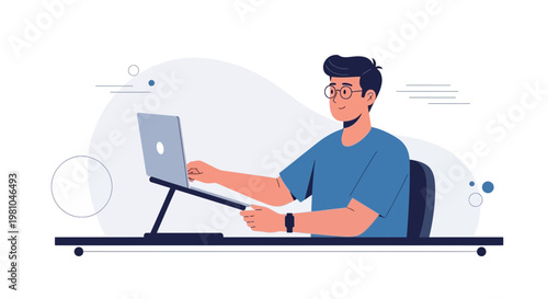 Man Working Remotely on Laptop at Desk with Ergonomic Stand
