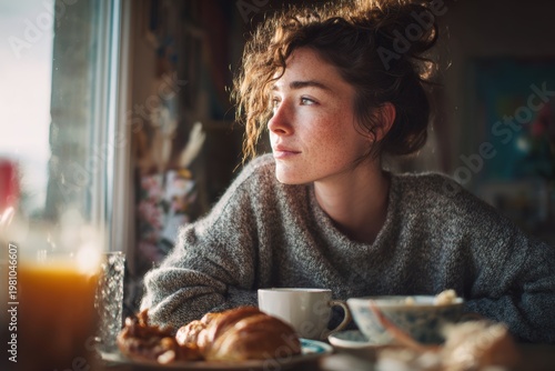 Woman enjoying coffee and croissant looking through window morning light