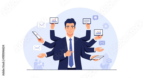 Multitasking Businessman with Many Arms Holding Devices and Charts