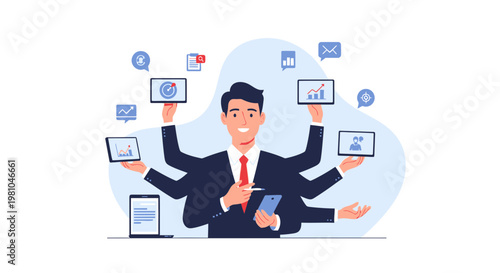Multitasking businessman with many hands holding devices and charts