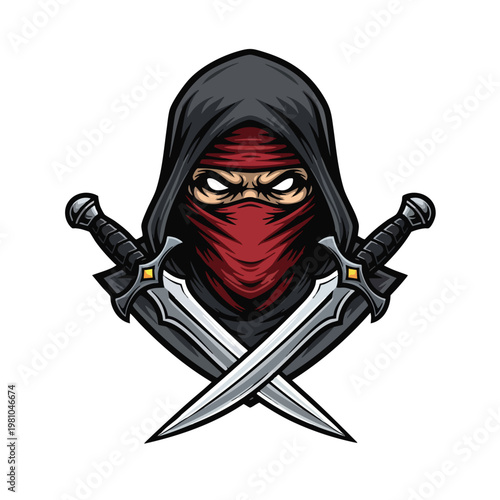 Fantasy Warrior Assassin Mascot Logo with Dual Swords