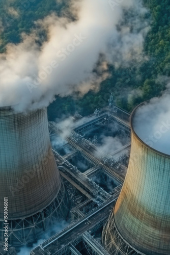 Two industrial cooling towers emitting smoke into the air. vertical frame