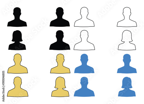 Set of 18 diverse user avatar icons in black, gold, and blue