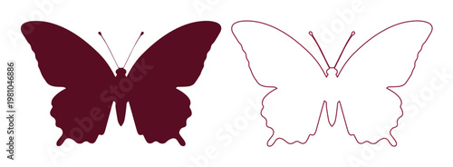Set of 2 Butterfly Icons, Maroon Filled and Outline Vector
