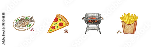 Fast Food and Backyard Barbecue Party Elements with Colorful Crayony Brush Strokes and Expressive Calligraphic Outlines