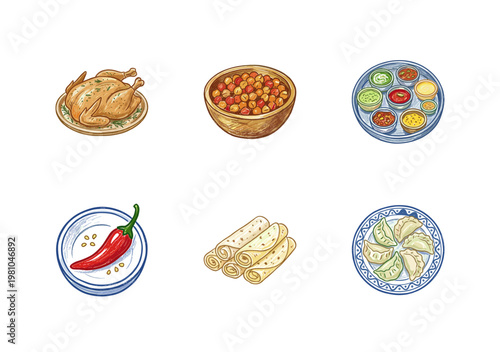 Indian Cuisine and Traditional Food Elements with Colorful Crayony Pencil Texture and Organic Colorful Texture.