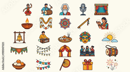 Vibrant Rabindra Jayanti celebration scene with traditional Bengali festival vector icons depicting cultural rituals and symbols.