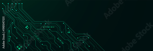 Abstract green circuit board technology background vector. Hi tech computer motherboard with semiconductor, chip and processor illustration. Design for web banner, presentation.