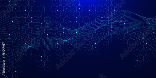 Futuristic blue hexagon pattern with glowing dots and wave flow background vector. Modern science, medical research and technology concept. Design for web banner, presentation template.