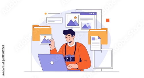 Photographer organizing digital photos on laptop, creative workspace with files and images