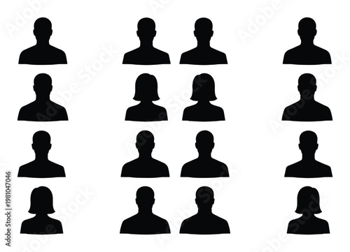Set of 12 black silhouette user profile icons on a white background