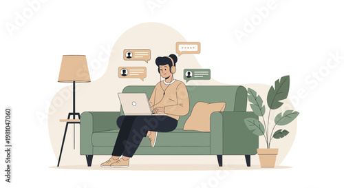 Person working remotely on laptop with headphones, online communication, chat bubbles