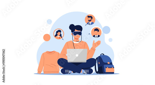 Person wearing VR headset, working on laptop, virtual communication with colleagues, remote work concept