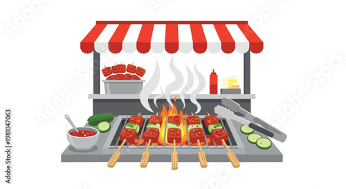 A vibrant outdoor street food stall with a red and white striped awning features meat skewers grilling over hot flames alongside fresh sliced cucumbers.