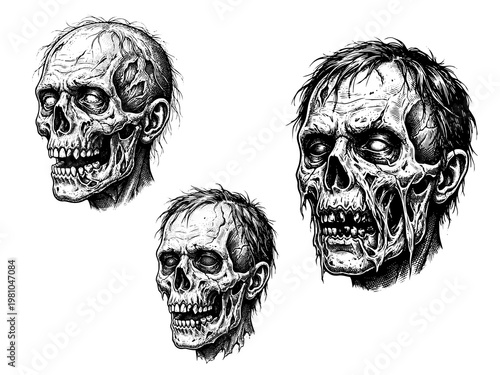 Rotting Zombie Head Engraving Art