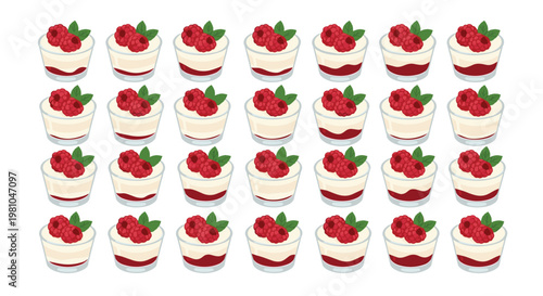 A repetitive geometric grid showcases twenty-eight identical glass cups filled with layered raspberry yogurt and garnished with fresh green mint leaves on white.