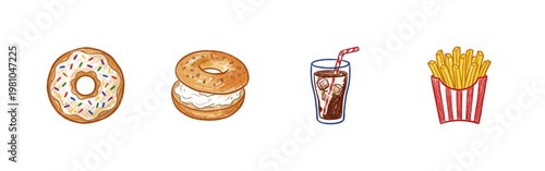 Fast Food and Popular Snack Selection with Colorful Crayony Pencil Texture and Textured Colorful Style