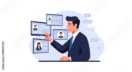 Recruiter selecting candidate from profiles on screens, HR manager choosing employee, hiring process