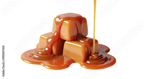 Gourmet caramel cubes with flowing liquid sauce, golden butterscotch toffee candies, sweet melted caramel drizzle on white background
