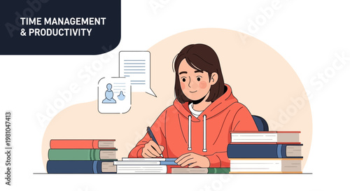 Student Studying Time Management and Productivity with Books and Notes