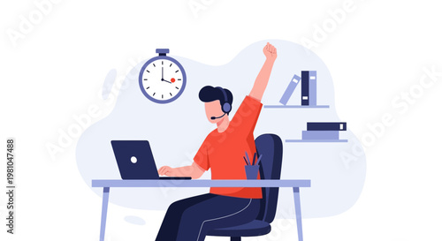 Successful remote worker celebrating success at desk with laptop and stopwatch