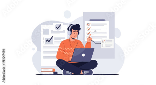 Student with Headphones Learning Online with Laptop and Checklists
