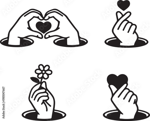 love hand gesture icons set heart signs, finger heart and flower vector illustration.