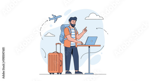 Traveler planning trip on laptop with luggage and airplane in background