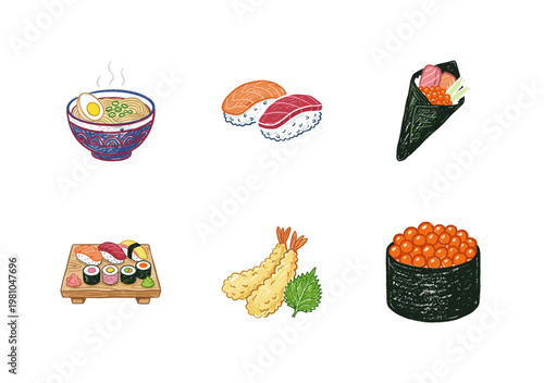 Japanese Cuisine and Sushi Food Elements with Colorful Crayony Pencil Texture and Fluid Colorful Calligraphic Style