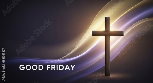 Wooden cross glowing against ethereal waves with Good Friday text