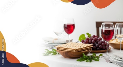 Passover Seder table setting with matzah, wine, and grapes. Religious meal in a dining room. Celebration with Jewish tradition.