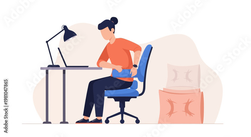 Woman with back pain working at desk, using heat pack