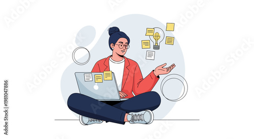 Woman with Laptop Brainstorming Ideas with Sticky Notes and Lightbulb