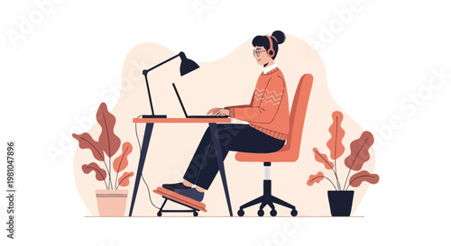 Woman working at desk with laptop and footrest, home office setup, plants