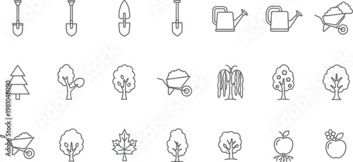 Gardening icons featuring shovels, watering cans, wheelbarrows, and various tree species are arranged in a grid for horticultural design projects.