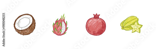 Vegan Food and Tropical Fruit Elements with Fluid Crayon Pencil Texture in Crayon Colorful Style