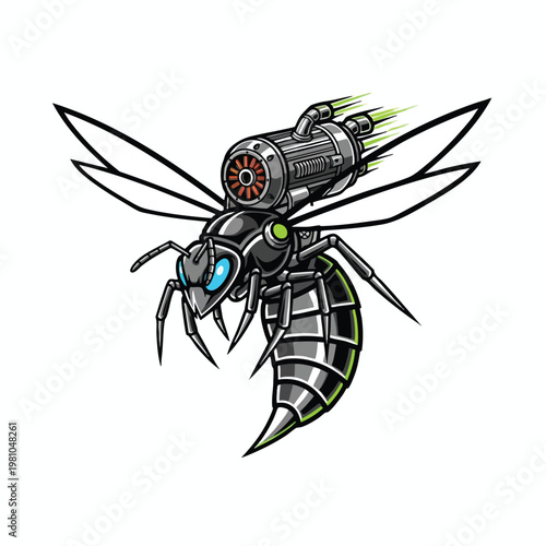 Futuristic Robot Bee with Jetpack and Mechanical Wings in a Digital Illustration