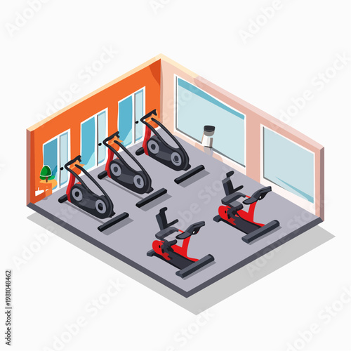 Gym exercise bikes in a fitness room with windows and orange walls