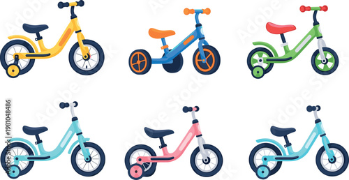 Tableau sur toile Children's Tricycle and Bike Icon Set with Colorful Pedal and Balance Bikes for