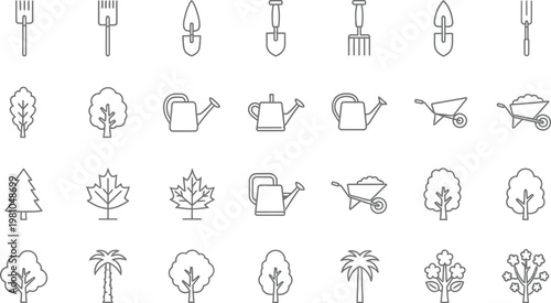 Gardening equipment and various tree species are depicted as a collection of linear outline icons.