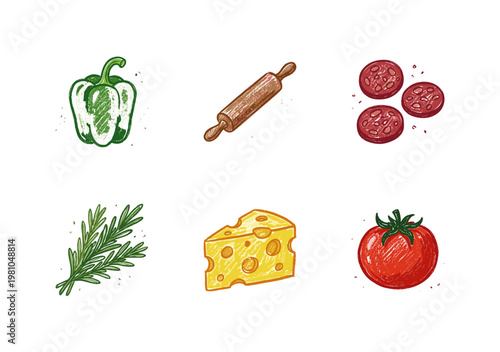 Pizza Ingredients and Italian Cooking Elements with Colorful Crayony Pencil Texture and Organic Textures for Culinary Design.