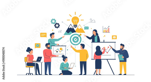 Diverse group of people brainstorming together.