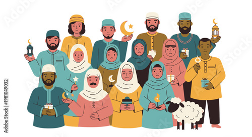 Diverse group of people in Islamic attire.